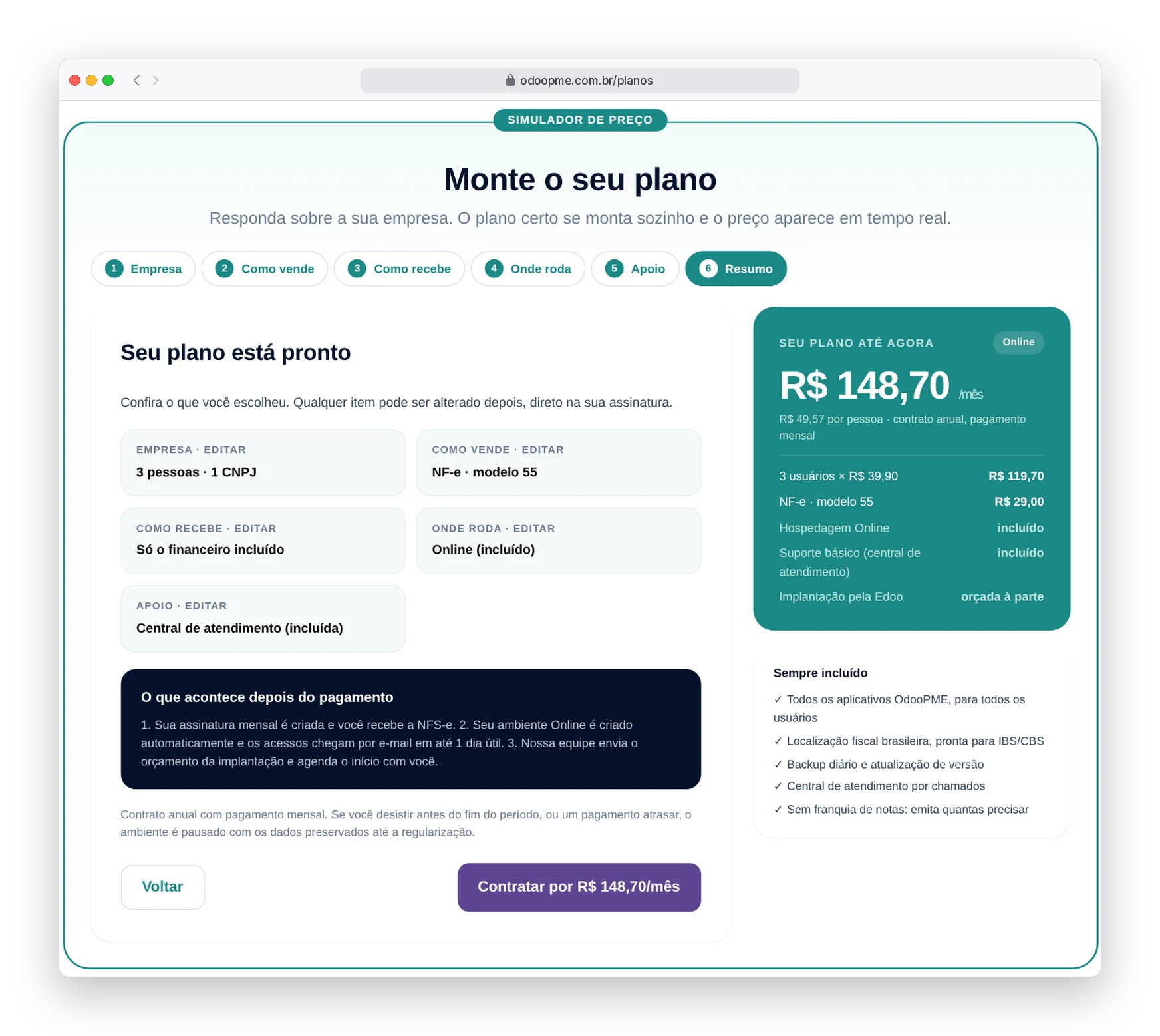 Simulador de preço do OdooPME