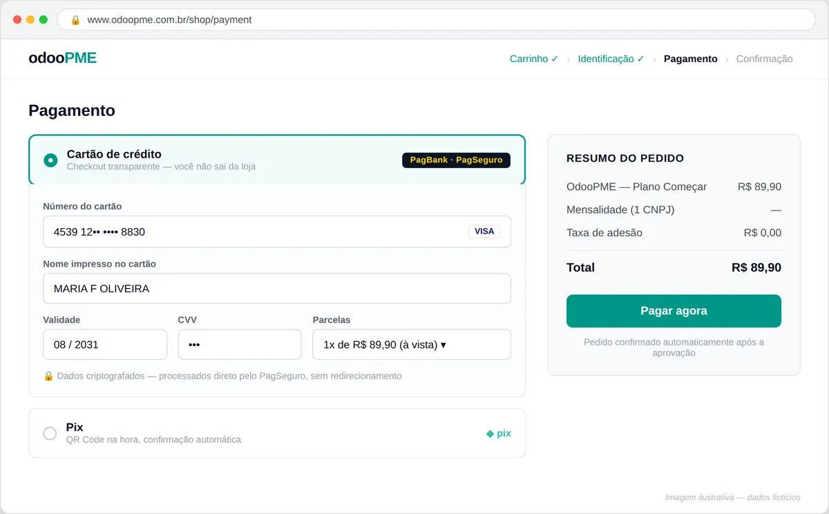 Checkout transparente de cartão de crédito no e-commerce Odoo via PagSeguro