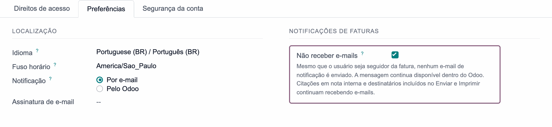 Aba Preferências do usuário no Odoo, com o bloco Notificações de Faturas e a opção Não receber e-mails marcada