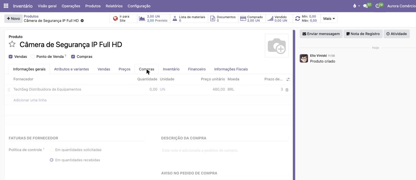 Fornecedor na aba Compras do produto