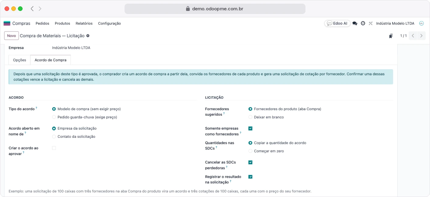 Aba Acordo de Compra no tipo de aprovação, com as opções de acordo e de licitação