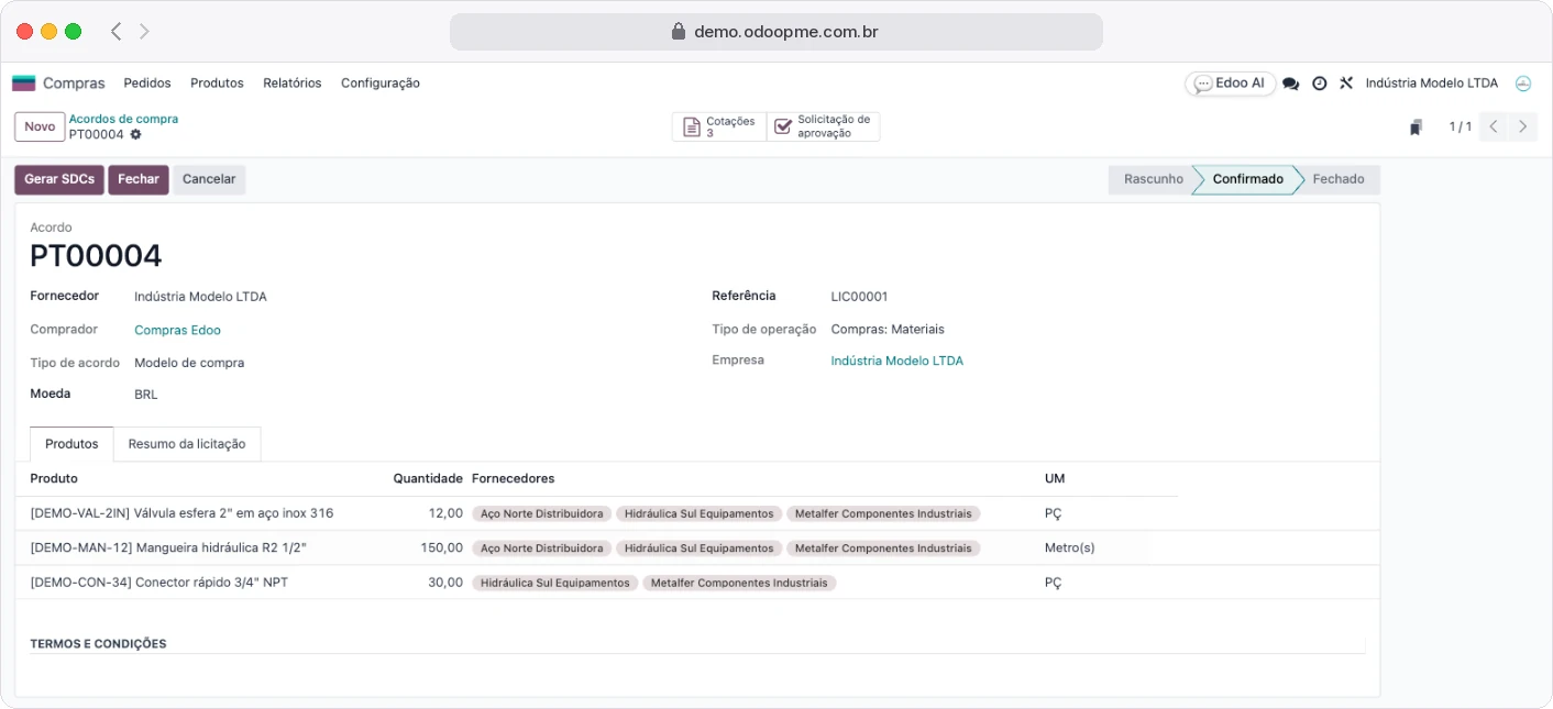 Acordo de compra aberto em nome da empresa, com a coluna Fornecedores preenchida em cada linha de produto
