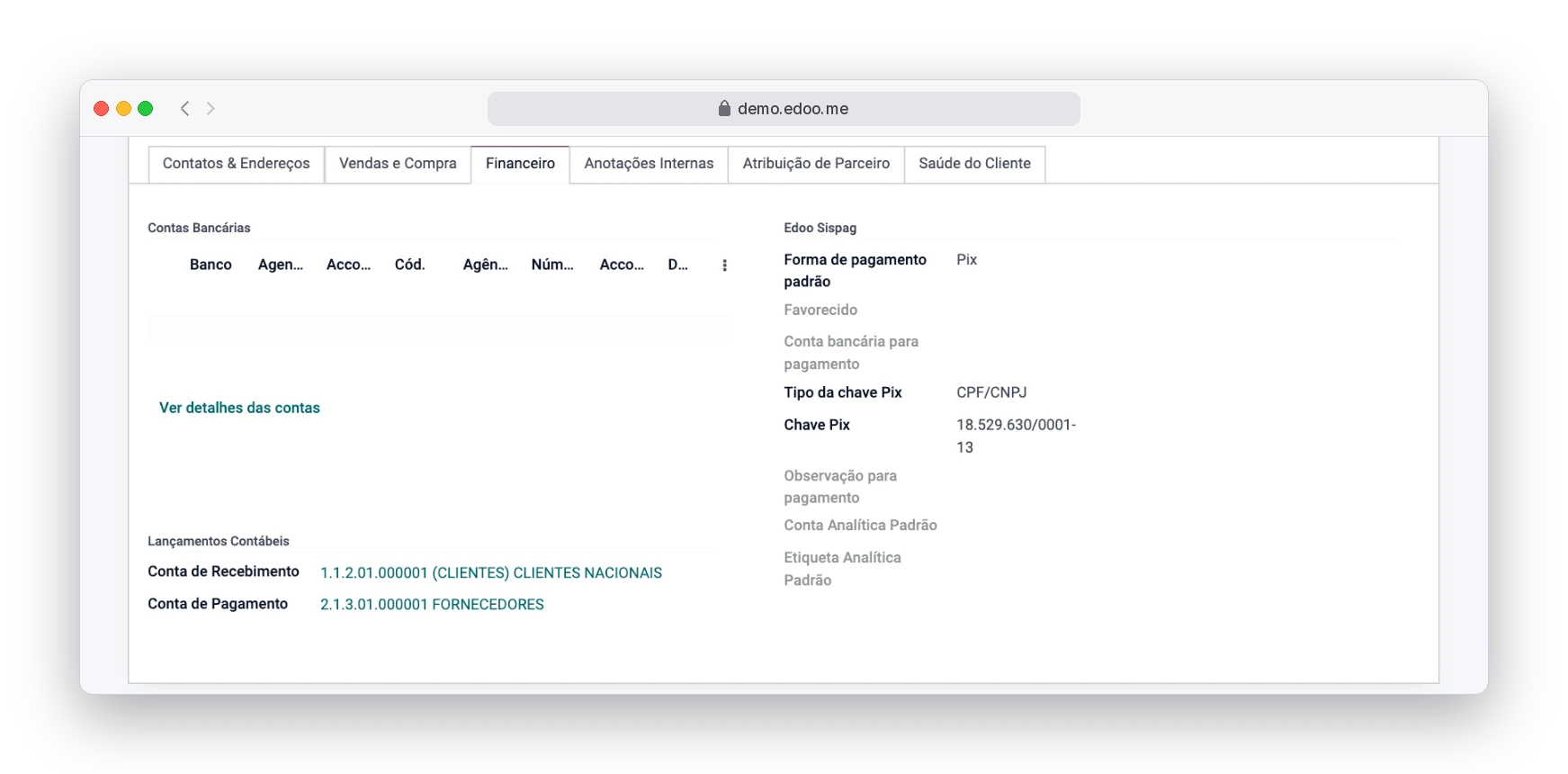 A seção Edoo Sispag no cadastro do fornecedor, com forma padrão, conta bancária e chave Pix validada por tipo.