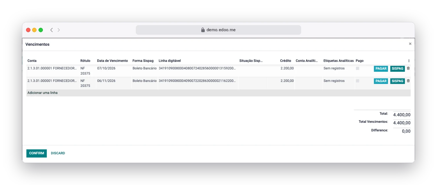 Cada parcela tem forma, linha digitável e situação Sispag próprias.
