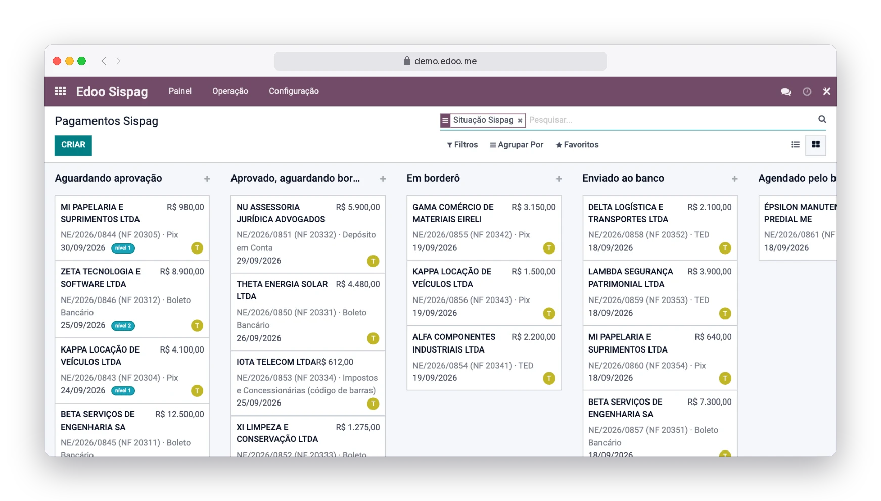 Os pagamentos agrupados por situação, do aguardando aprovação ao pago pelo banco.