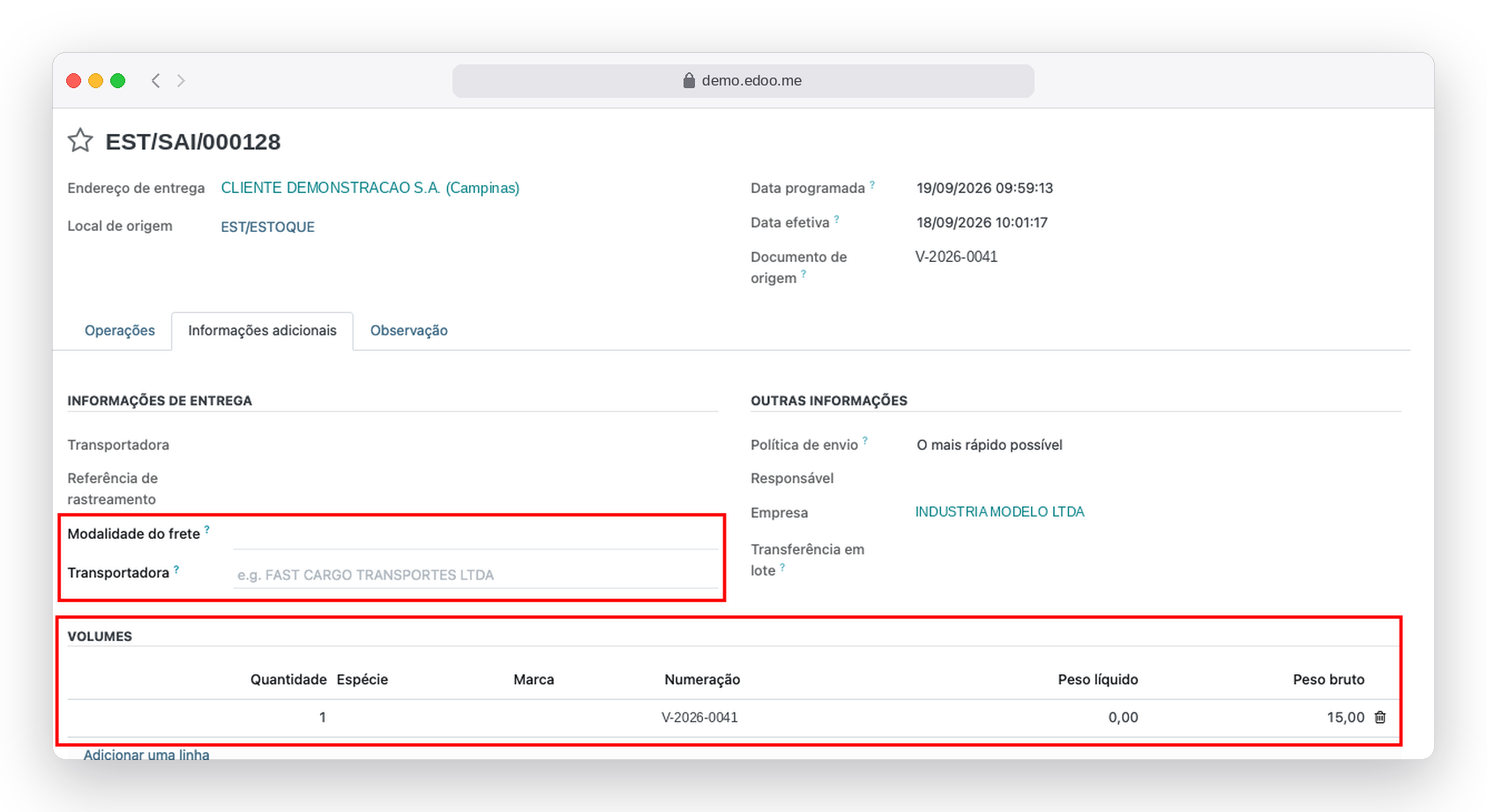Entrega com transportadora, modalidade do frete e lista de volumes