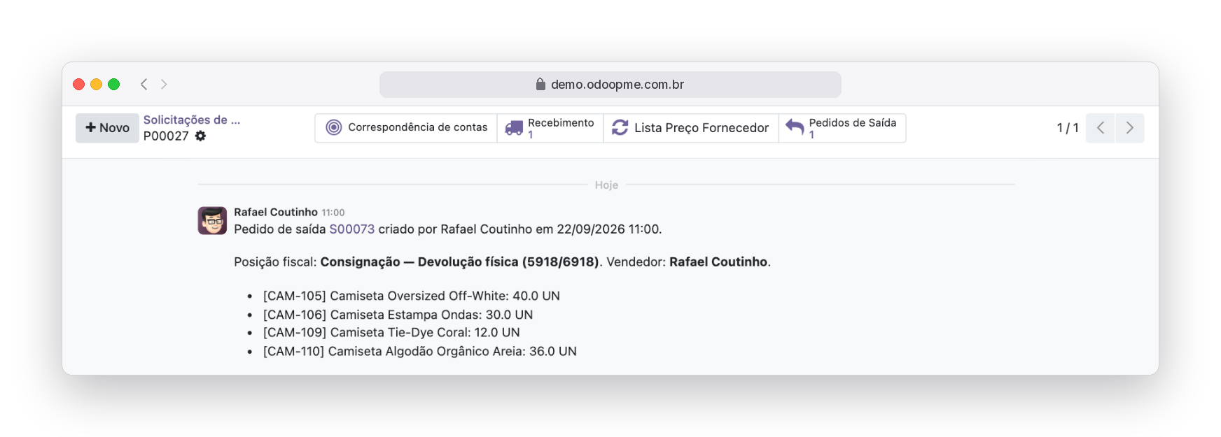 Nota no histórico da ordem de compra registrando o pedido de saída gerado, a posição fiscal, o vendedor e os produtos