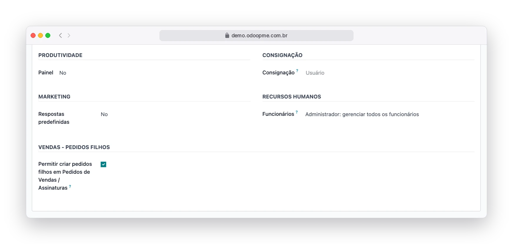 Permissão de pedidos filhos no cadastro do usuário, aba Direitos de acesso