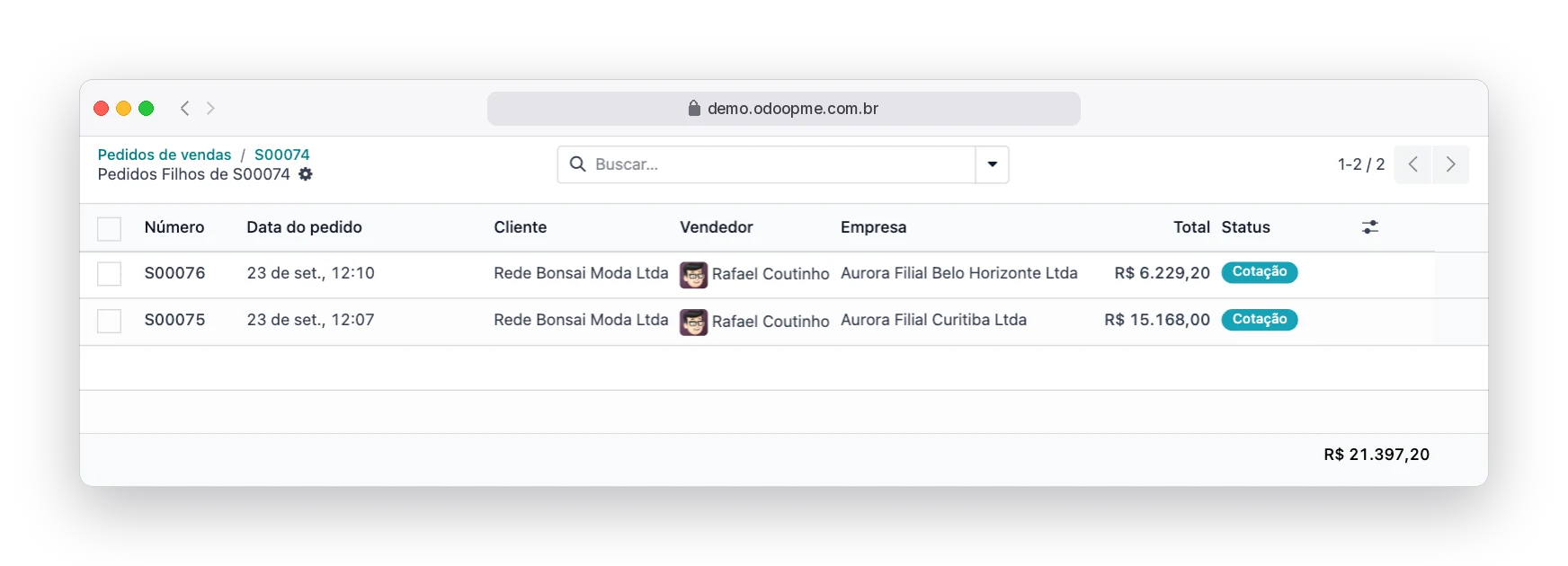 Lista de pedidos filhos de um pedido pai, cada um em uma empresa